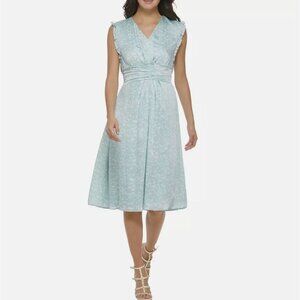 DKNY Womens Printed Smocked Midi Dress Light Blue White Size 6 NWT